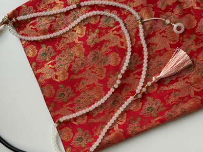 Chinoiserie Auspicious Peony Qilin Pattern Beaded Tassel Silk Bag - Lumivault