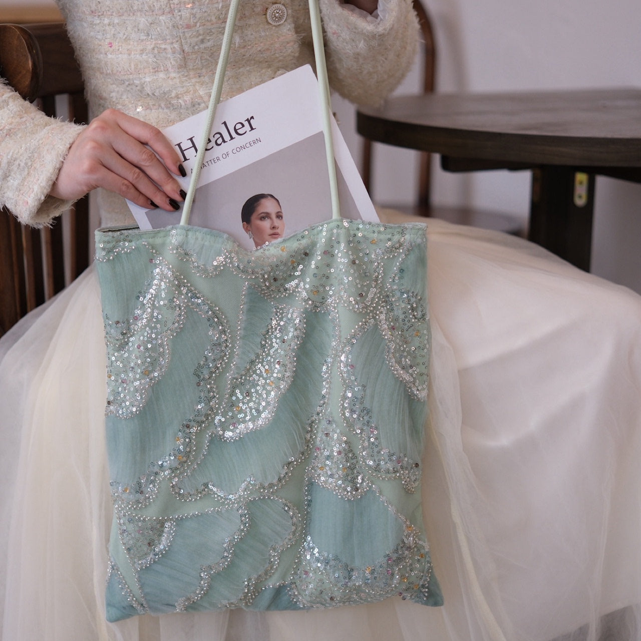 Seafoam Wave Beaded Shoulder Bag - Lumivault