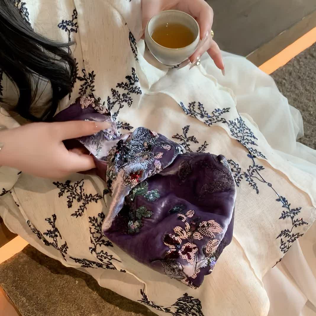 Embroidered Purple Silk Velvet Sequin Bag - Lumivault