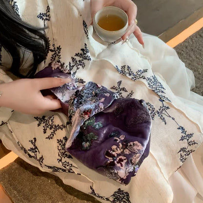 Embroidered Purple Silk Velvet Sequin Bag - Lumivault
