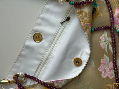 Chinoiserie Luxury Peach Blossom Magpie Purple Beads Tassel Silk Bag - Lumivault