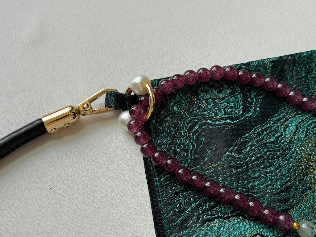 Chinoiserie Luxury Green Metallic Jade Beaded Tassel Silk Bag - Lumivault