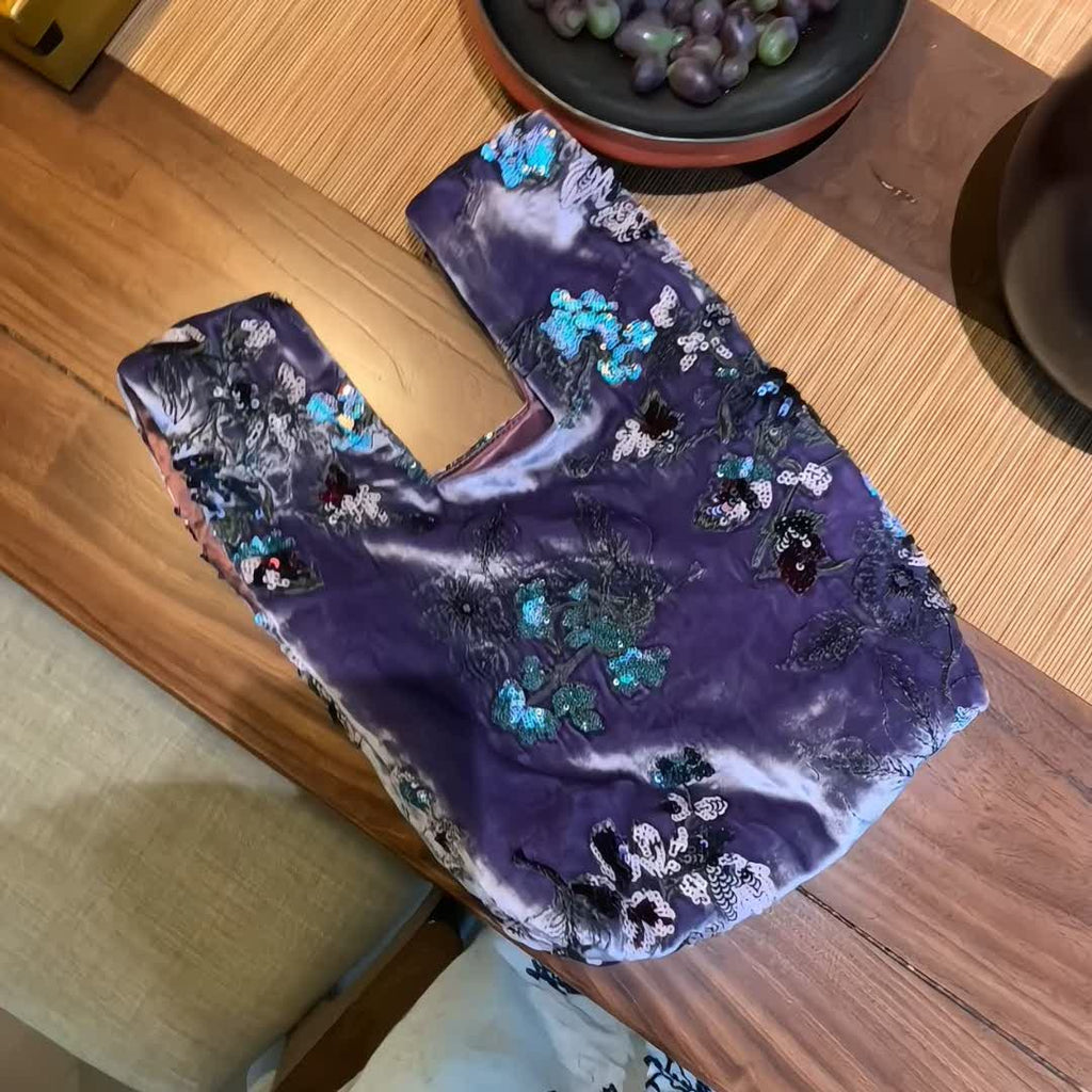 Embroidered Purple Silk Velvet Sequin Bag - Lumivault