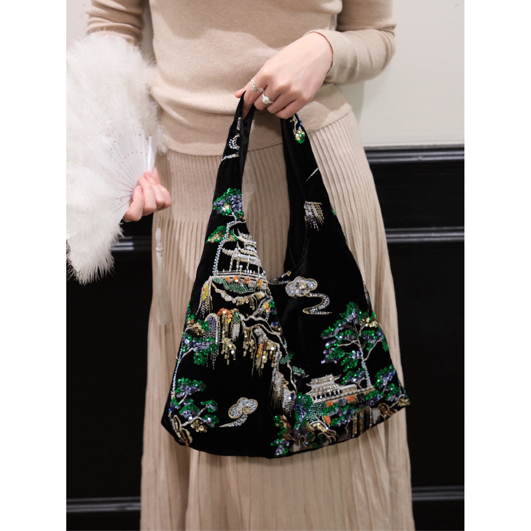 Chinoiserie Velvet Embroidered Hobo Bag - Lumivault
