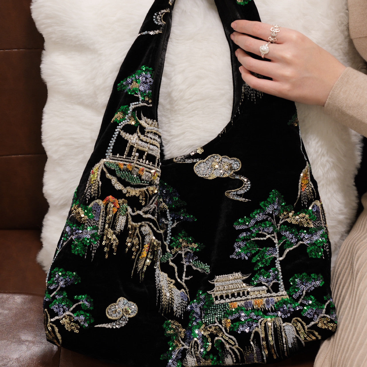 Chinoiserie Velvet Embroidered Hobo Bag - Lumivault