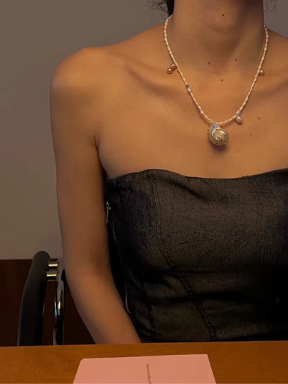 Handmade Freshwater Keshi Pearl Conch Necklace,Lumivault.