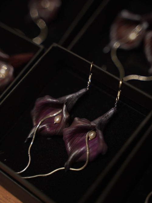 Calla Lily Leather Shadow Puppet Earrings,Lumivault.