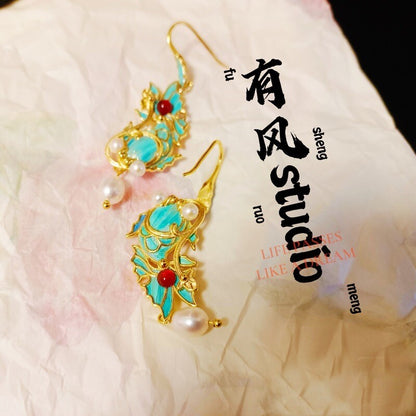 Vintage Freshwater Pearl Red Agate Fish Earrings