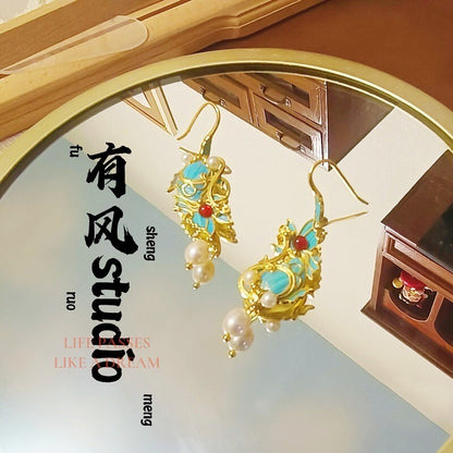 Vintage Freshwater Pearl Red Agate Fish Earrings