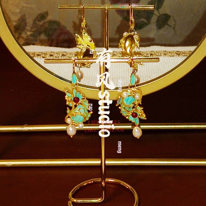 Vintage Freshwater Pearl Red Agate Fish Earrings,Lumivault.