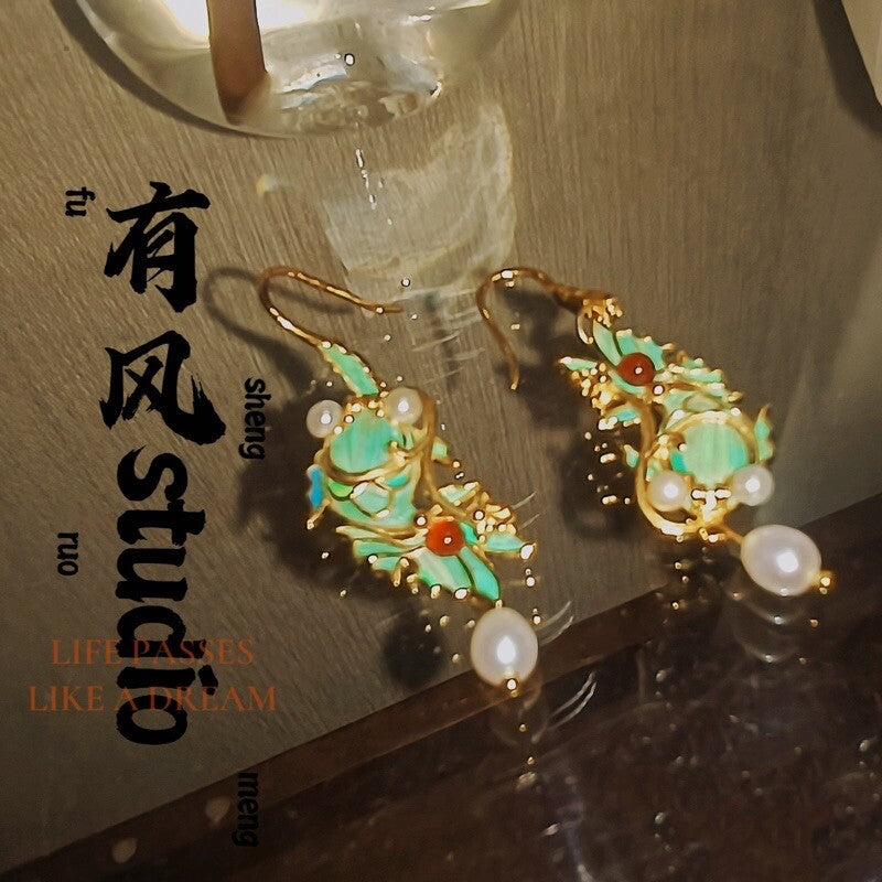 Vintage Freshwater Pearl Red Agate Fish Earrings,Lumivault.