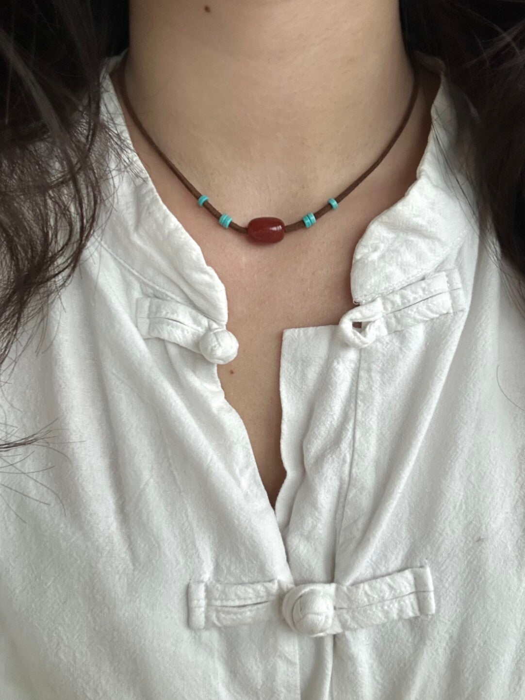 Chinoiserie Red Agate Turquoise Necklace,Lumivault.