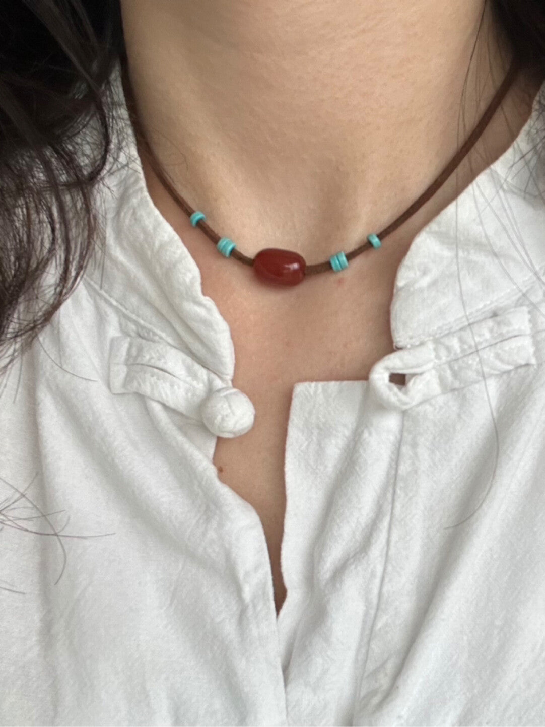 Chinoiserie Red Agate Turquoise Necklace,Lumivault.