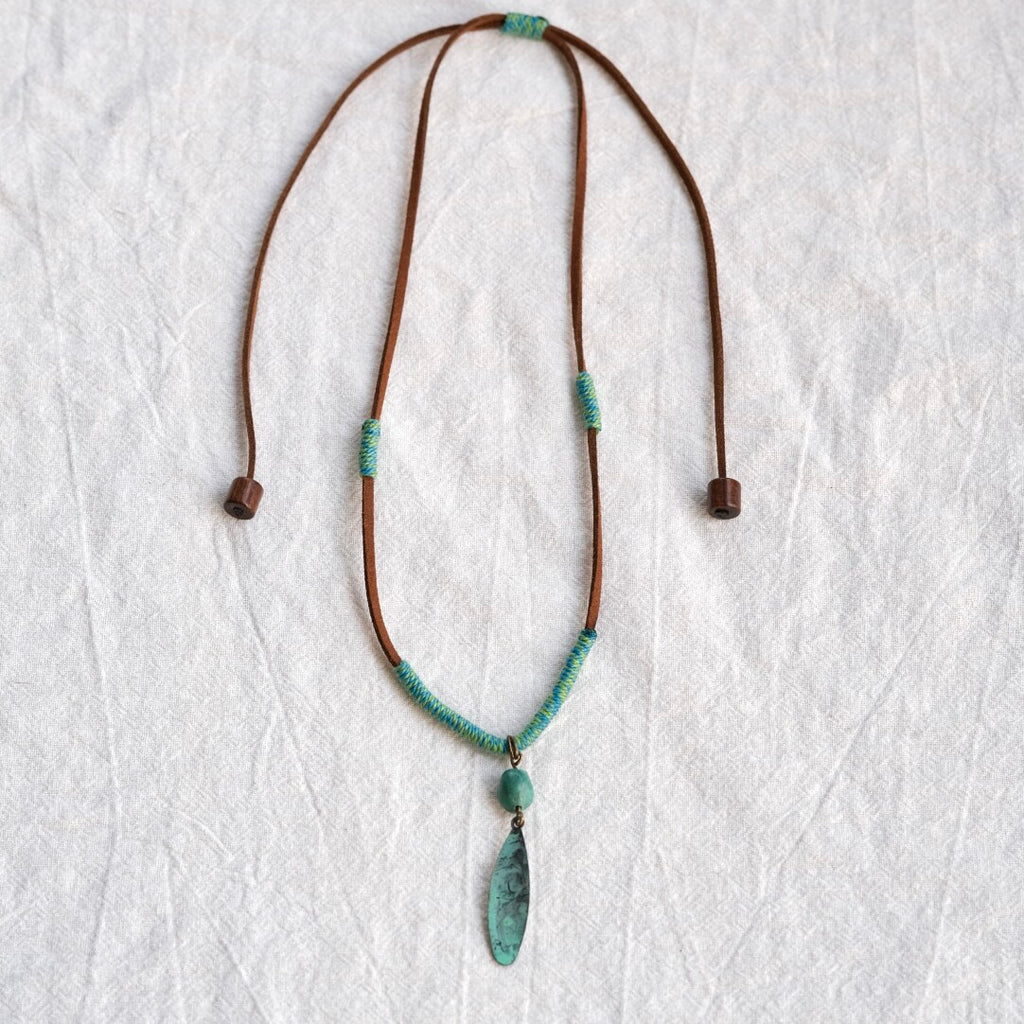 Handmade Patina Leaf Necklace,Suede Rope,Lumivault.