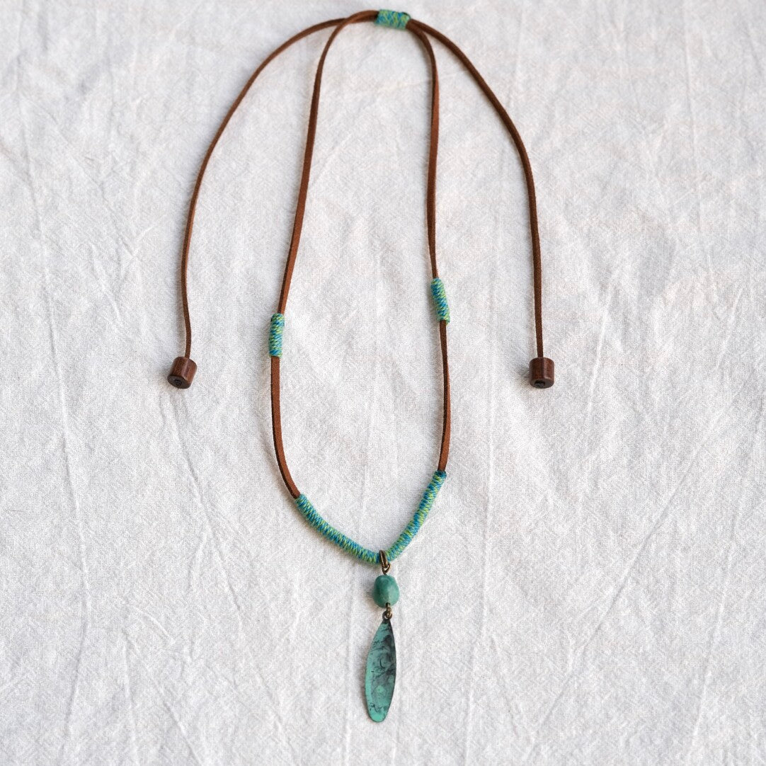 Handmade Patina Leaf Necklace,Suede Rope,Lumivault.