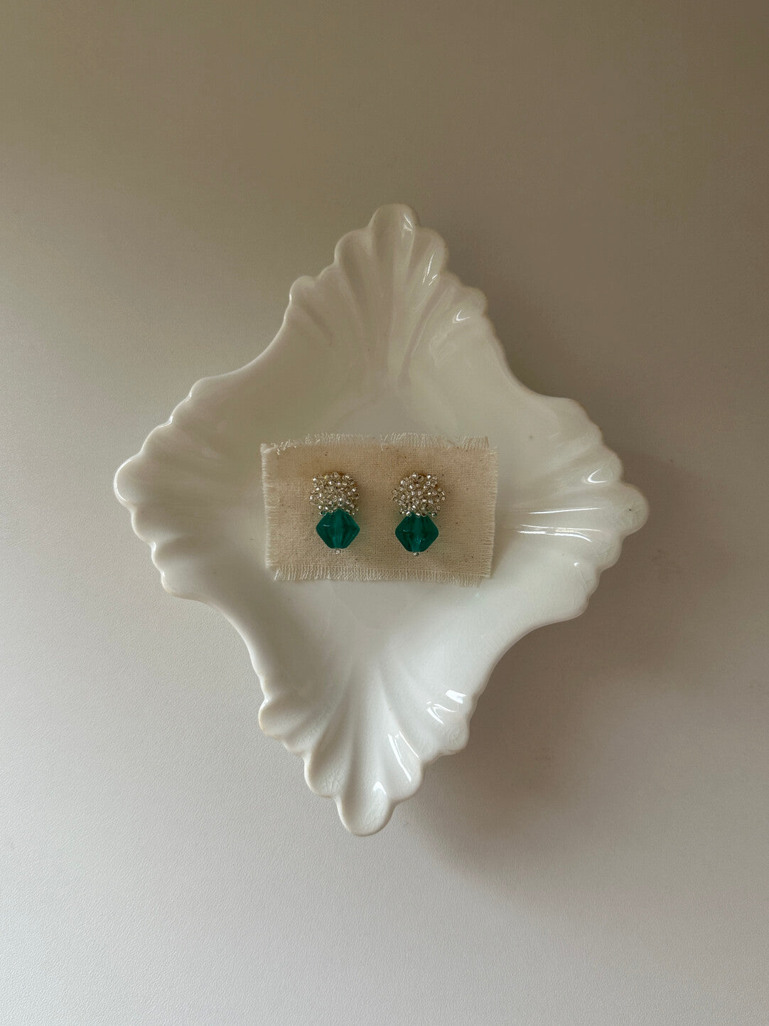 Silver Beaded & Emerald Green Glass Drop Earrings,Lumivault.