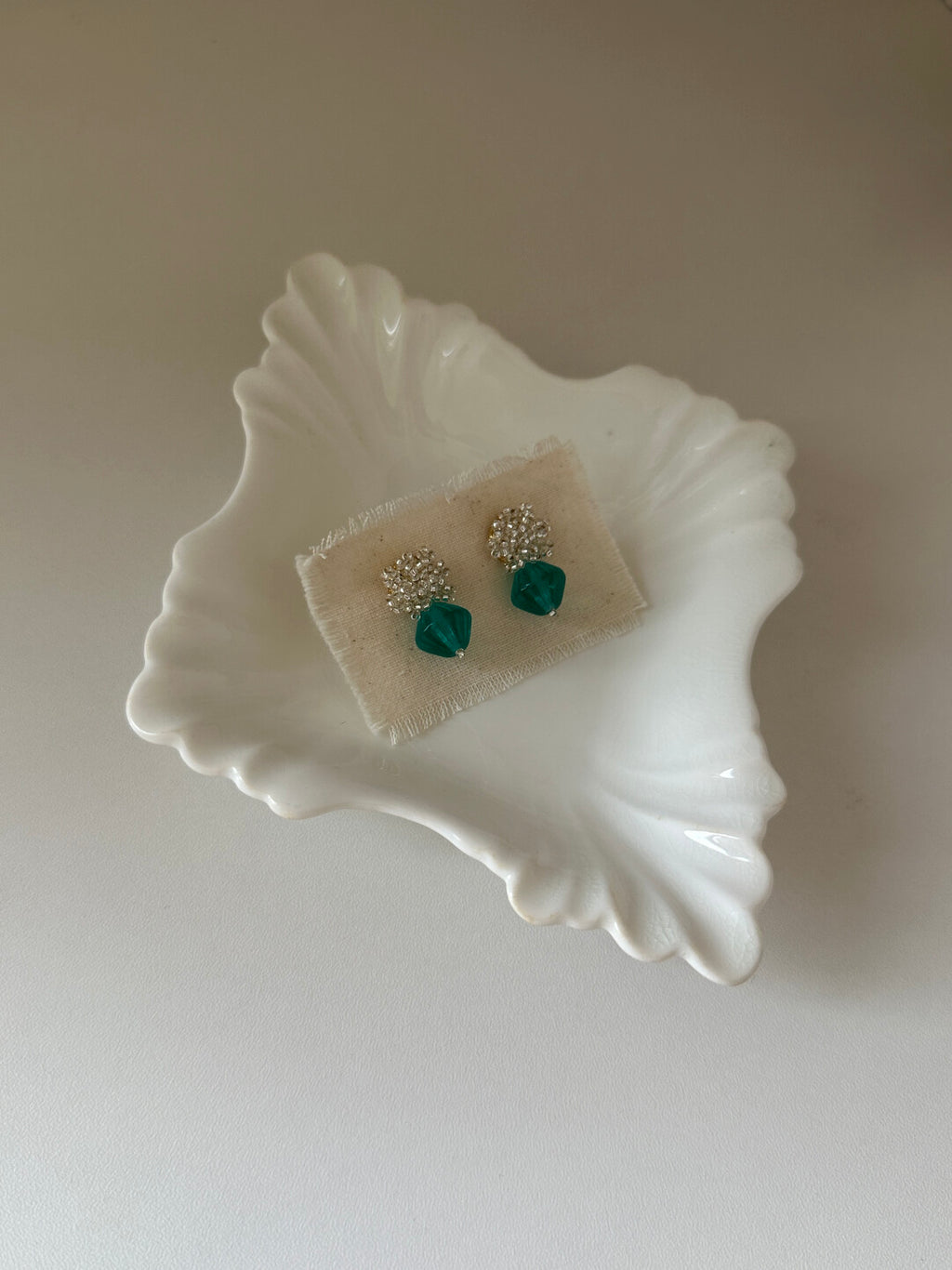 Silver Beaded & Emerald Green Glass Drop Earrings,Lumivault.