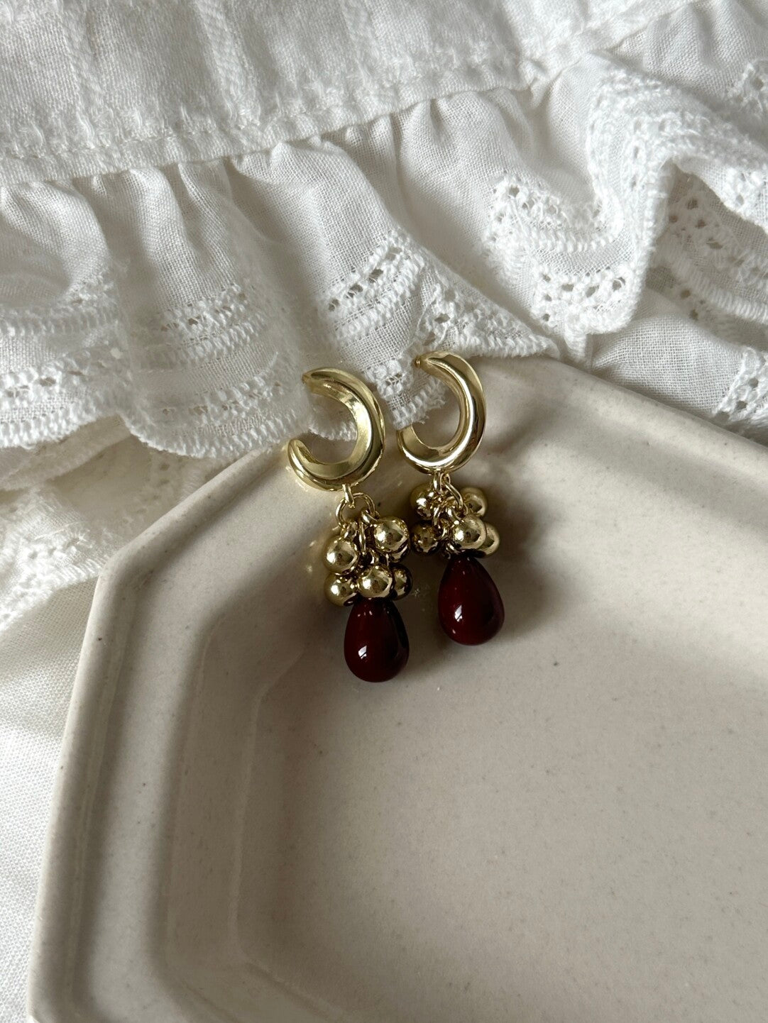 Vintage Gold & Burgundy Teardrop Drop Earrings,Lumivault.