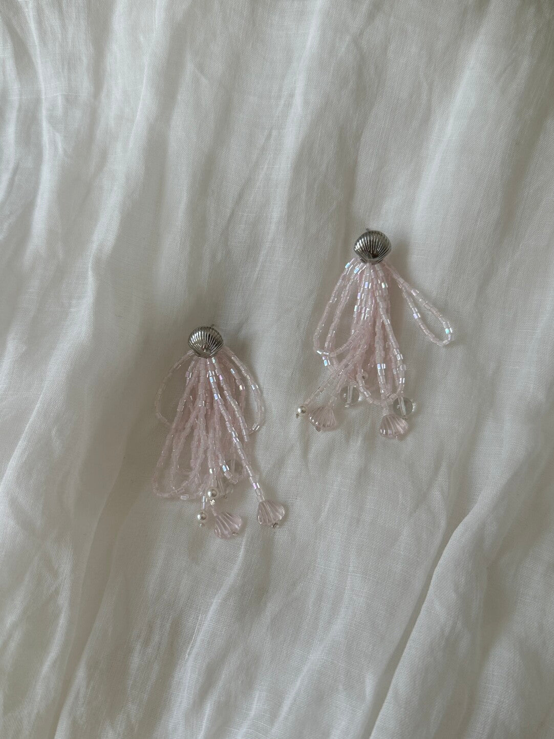 Dreamy Iridescent Pink Beaded Tassel Earrings,Lumivault.