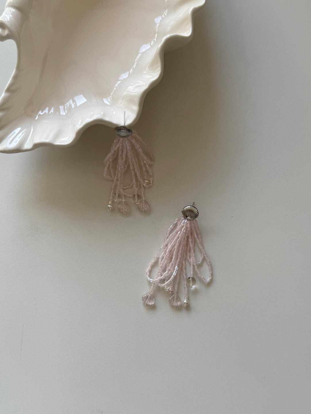 Dreamy Iridescent Pink Beaded Tassel Earrings,Lumivault.