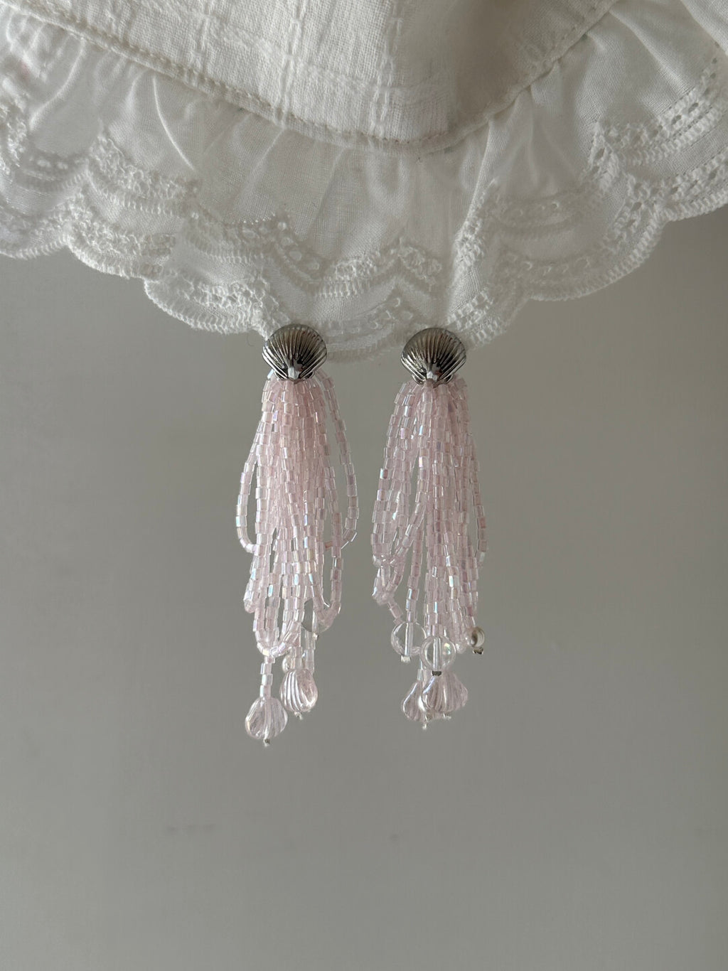 Dreamy Iridescent Pink Beaded Tassel Earrings,Lumivault.