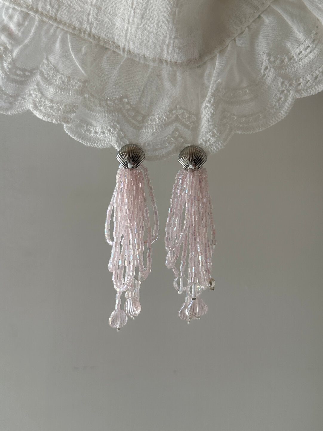 Dreamy Iridescent Pink Beaded Tassel Earrings,Lumivault.