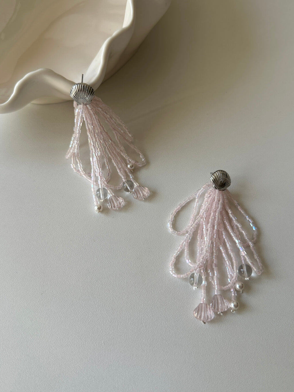 Dreamy Iridescent Pink Beaded Tassel Earrings,Lumivault.