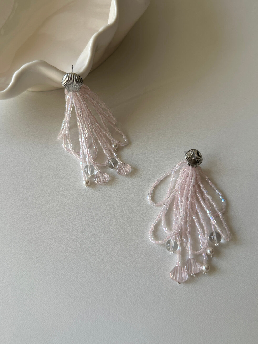 Dreamy Iridescent Pink Beaded Tassel Earrings,Lumivault.