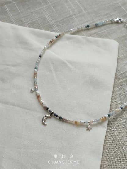 Summer Adventure Moon Shell Starfish Silver Necklace,Lumivault.