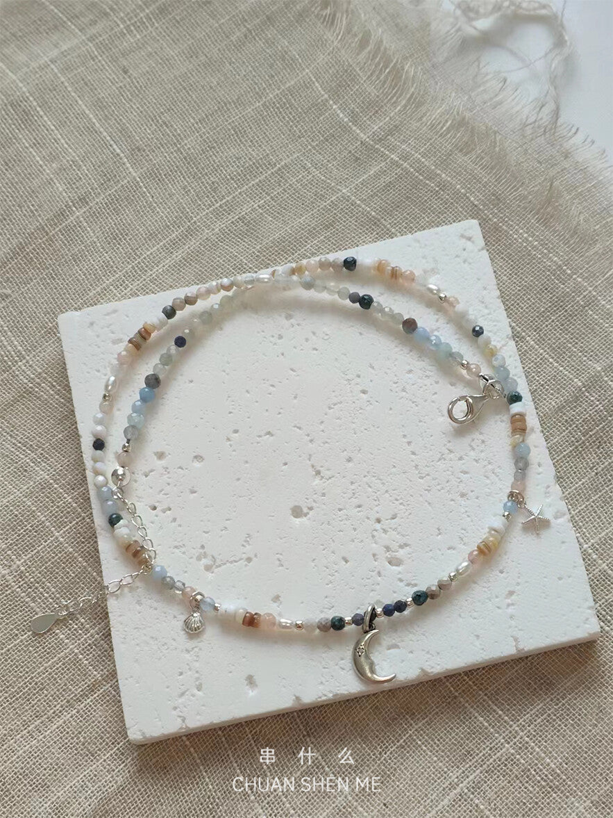 Summer Adventure Moon Shell Starfish Silver Necklace,Lumivault.