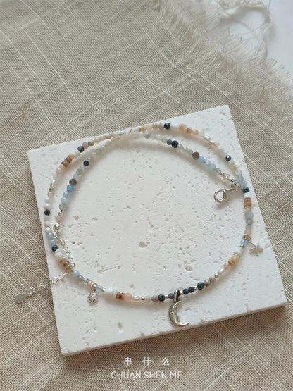 Summer Adventure Moon Shell Starfish Silver Necklace,Lumivault.