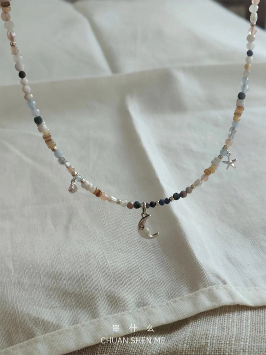 Summer Adventure Moon Shell Starfish Silver Necklace,Lumivault.