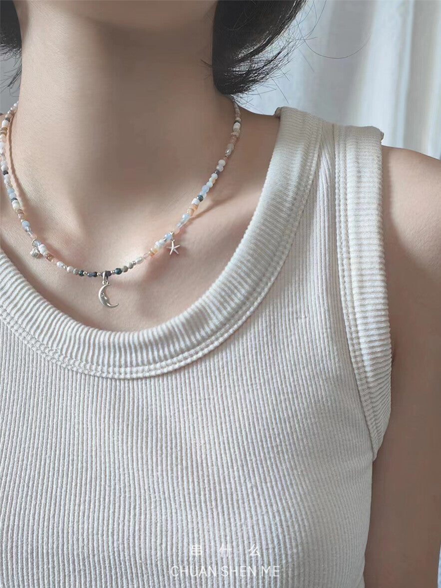 Summer Adventure Moon Shell Starfish Silver Necklace,Lumivault.