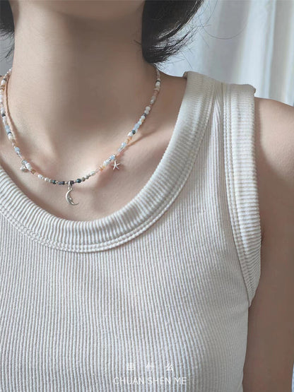 Summer Adventure Moon Shell Starfish Silver Necklace,Lumivault.