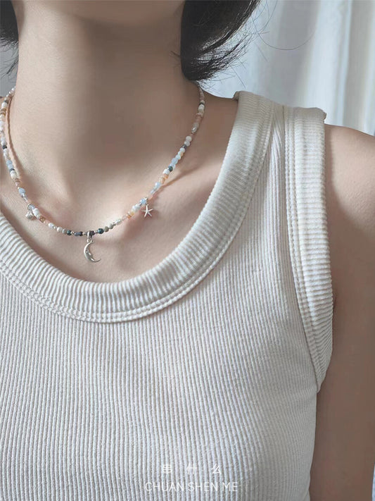 Summer Adventure Moon Shell Starfish Silver Necklace,Lumivault.