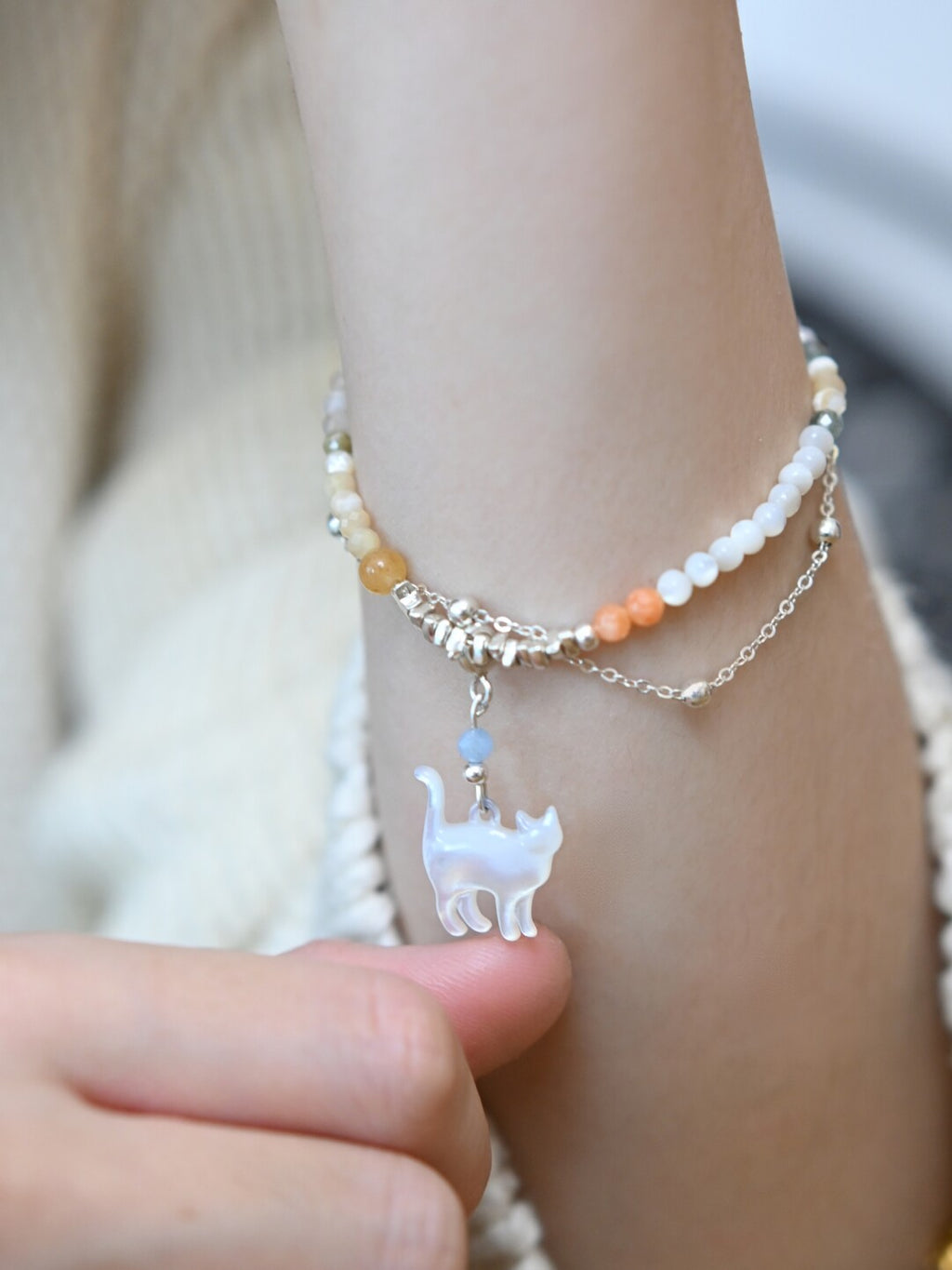 Cosmic Kitten Shell Beaded Silver Bracelet,Single Layer (16+3cm),Lumivault.