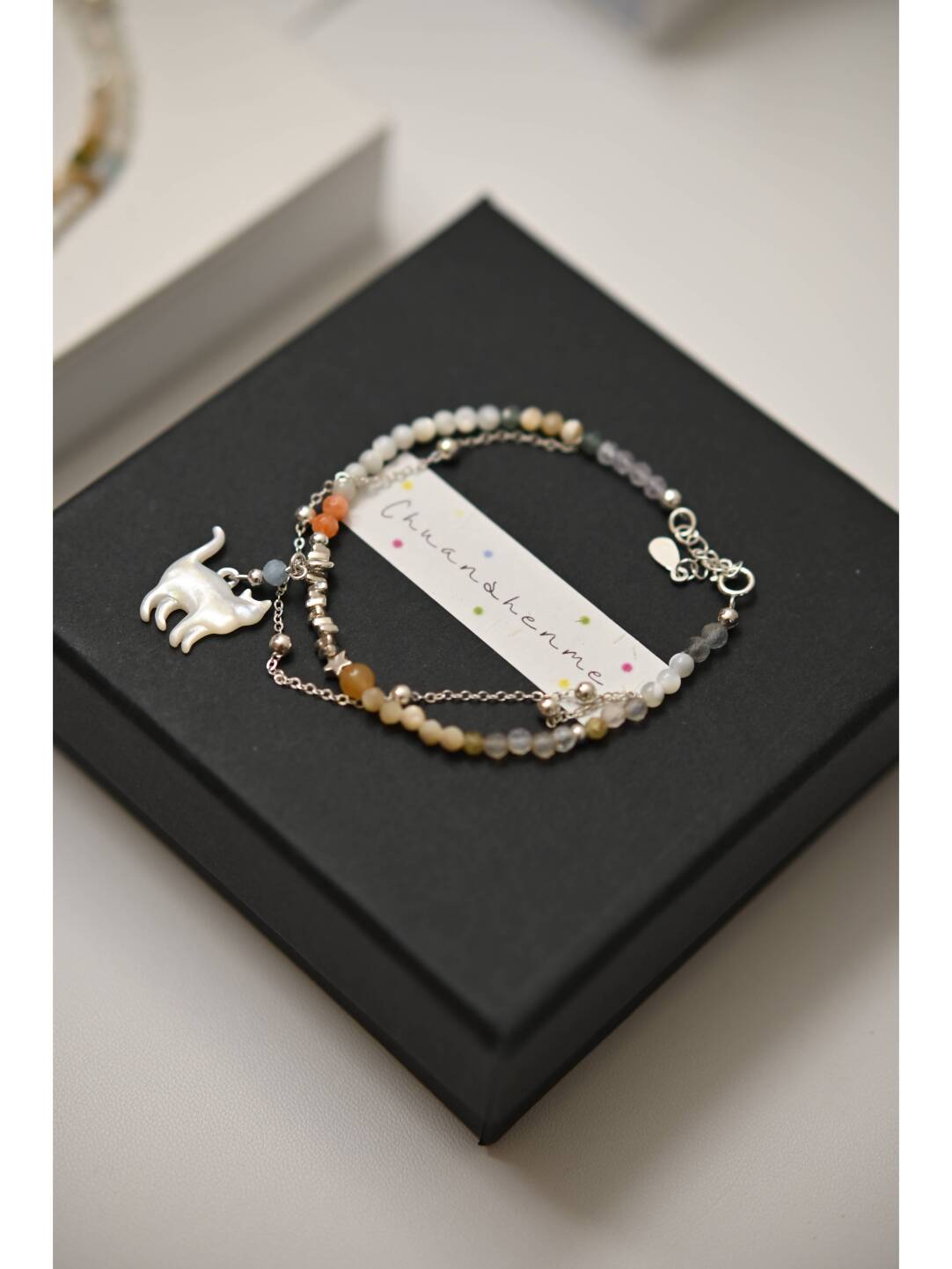 Cosmic Kitten Shell Beaded Silver Bracelet,Lumivault.