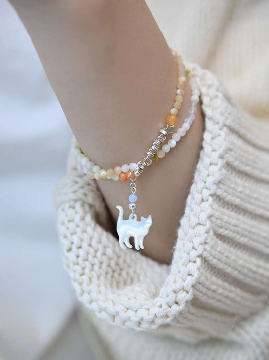 Cosmic Kitten Shell Beaded Silver Bracelet,Double Layers (16+3cm),Lumivault.