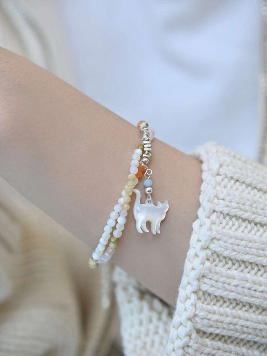 Cosmic Kitten Shell Beaded Silver Bracelet,Lumivault.