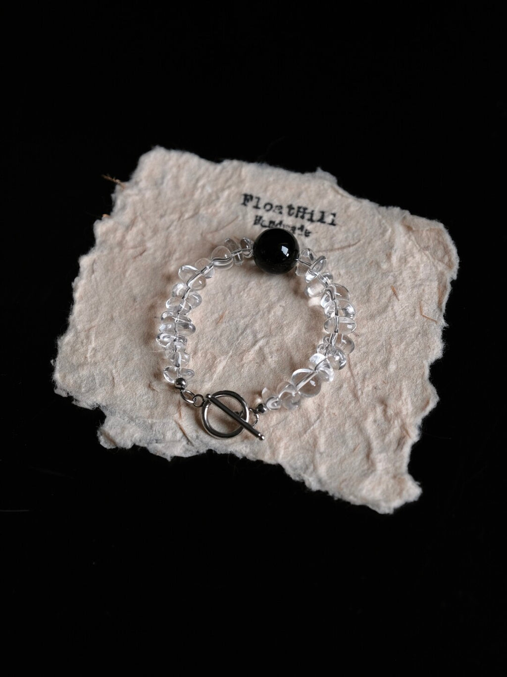 Half Moon Crystal Bracelet,Rock Crystal + Black Onyx Beads / 14-15cm,Lumivault.