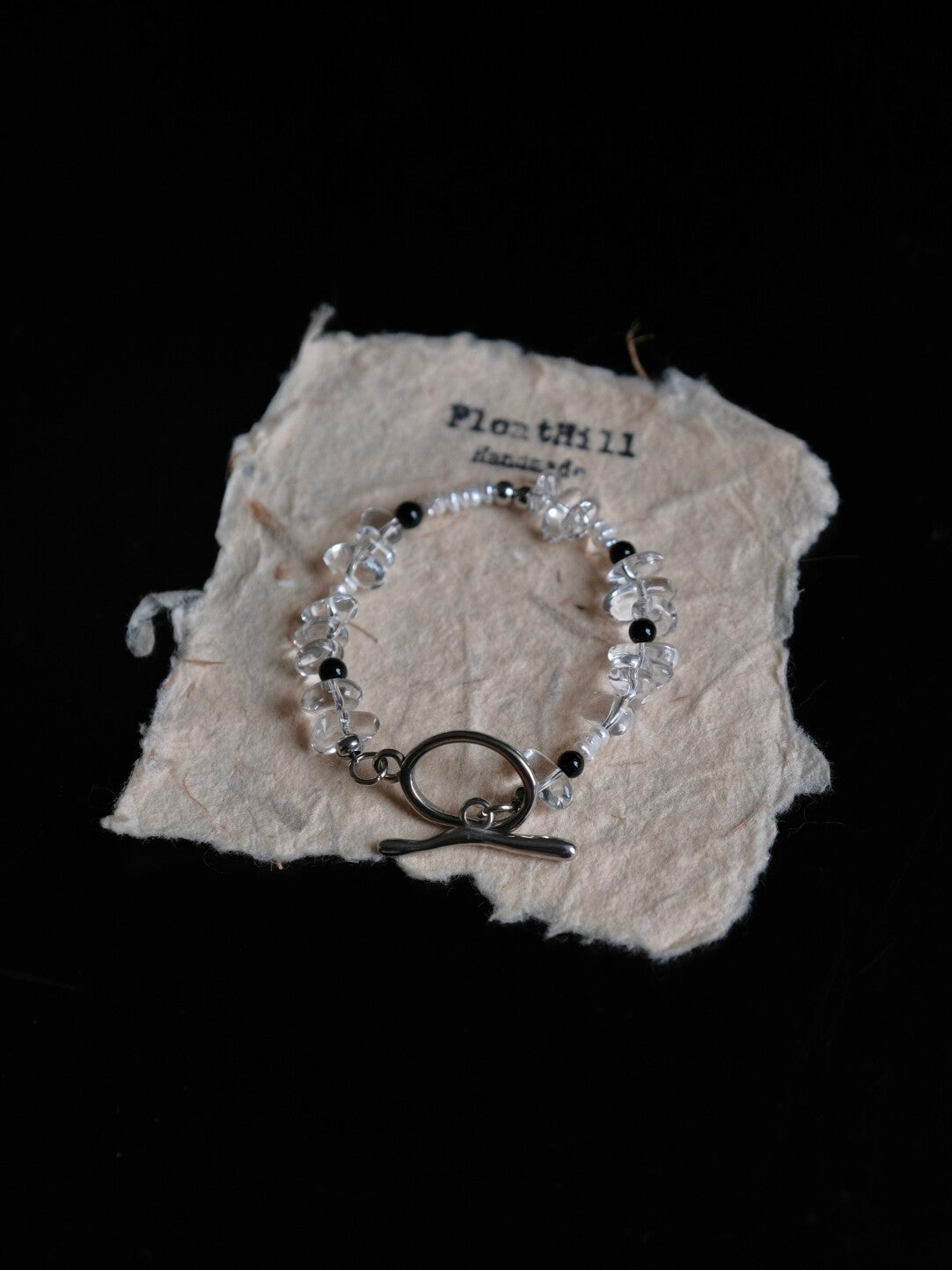 Half Moon Crystal Bracelet,Rock Crystal + Natural Pearl + Black Onyx / 14-15cm,Lumivault.