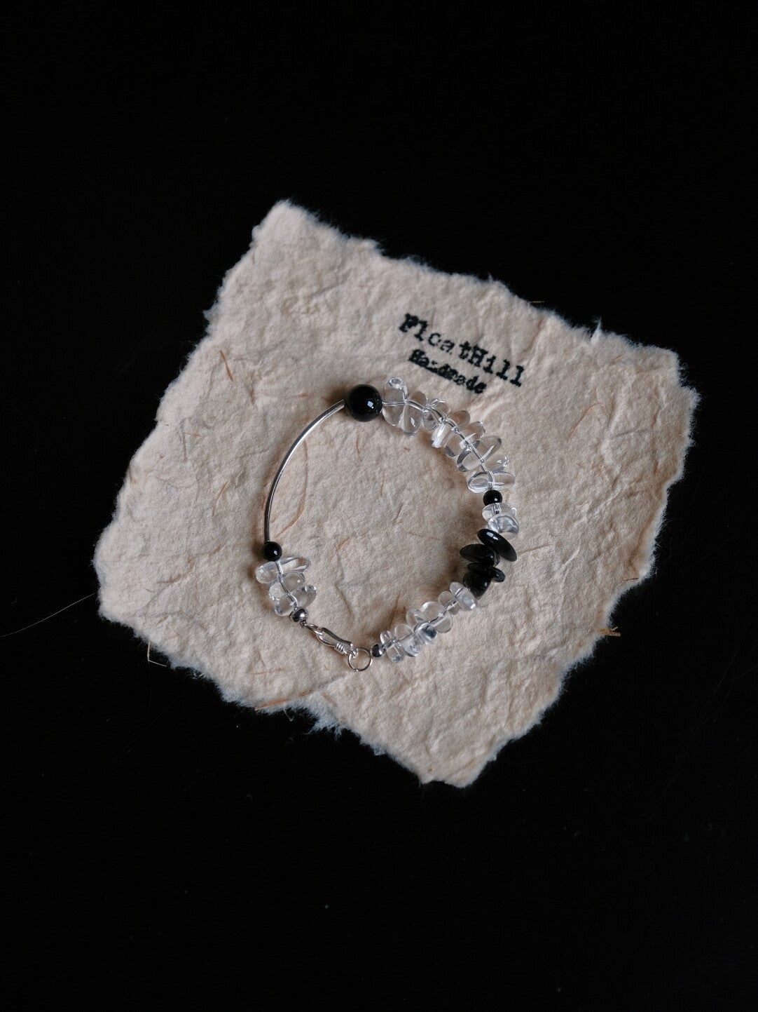 Half Moon Crystal Bracelet,Rock Crystal + Black Onyx Gravel+  925 Silver / 14-15cm,Lumivault.