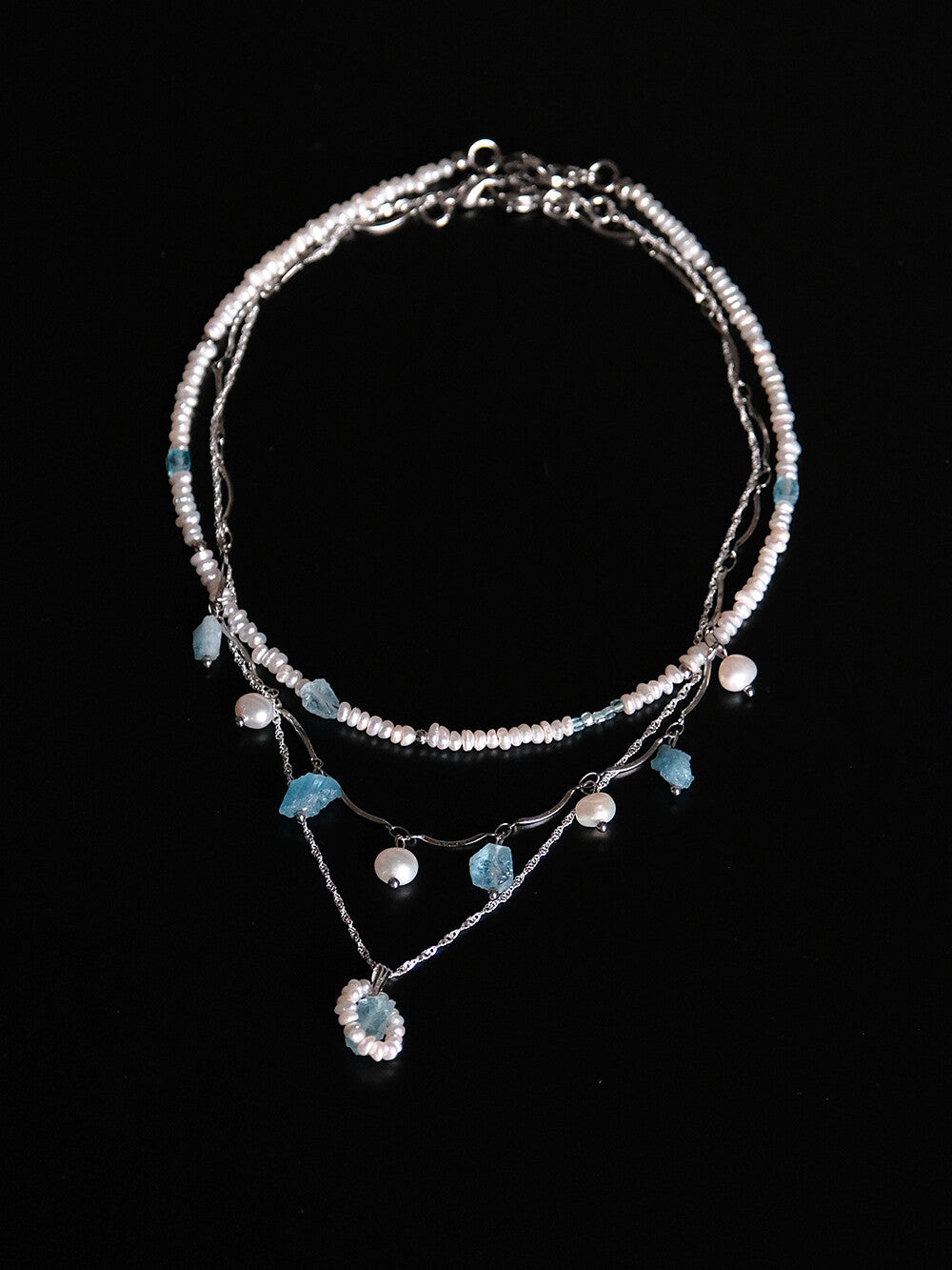 Blue Island Pearl Aquamarine Beaded Necklace,A+B+C(Default length for C-chain: 45cm),Lumivault.