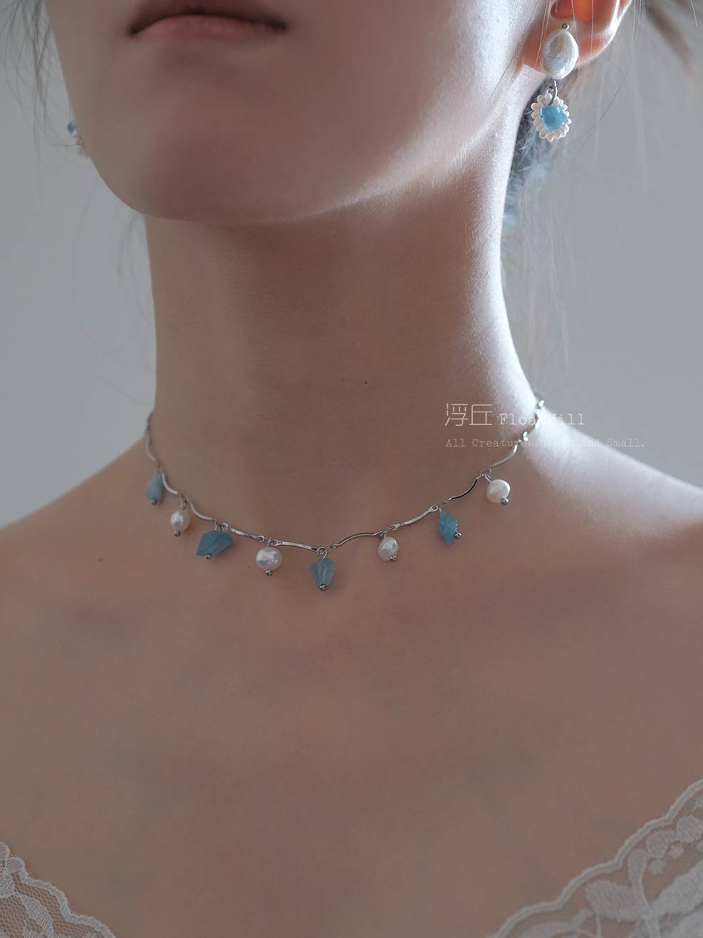 Blue Island Pearl Aquamarine Beaded Necklace,B,Lumivault.