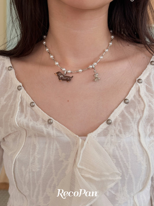 Puppytime Enamel Pearl Necklace