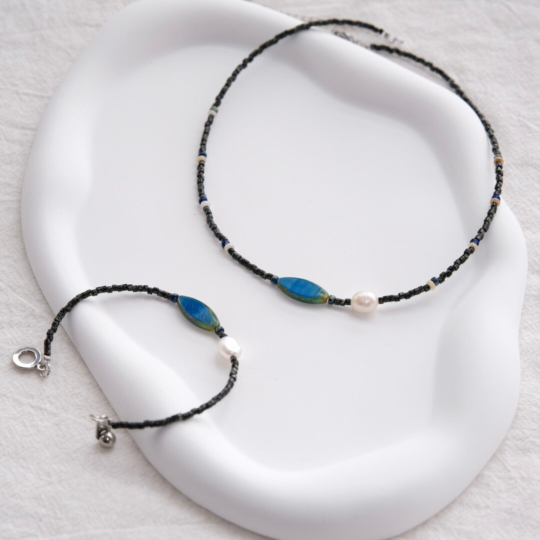 Handmade Deep Blue and Shell Necklace Bracelet,Bracelets + Necklace (Note Wrist Size),Lumivault.