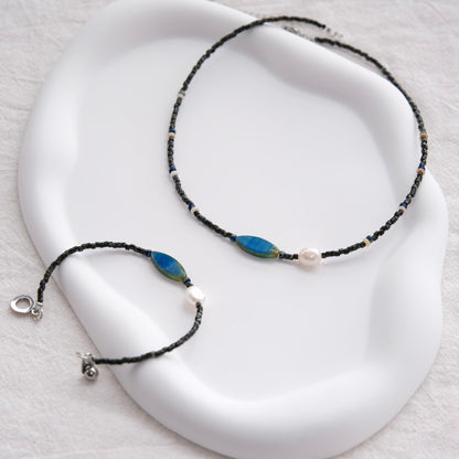 Handmade Deep Blue and Shell Necklace Bracelet