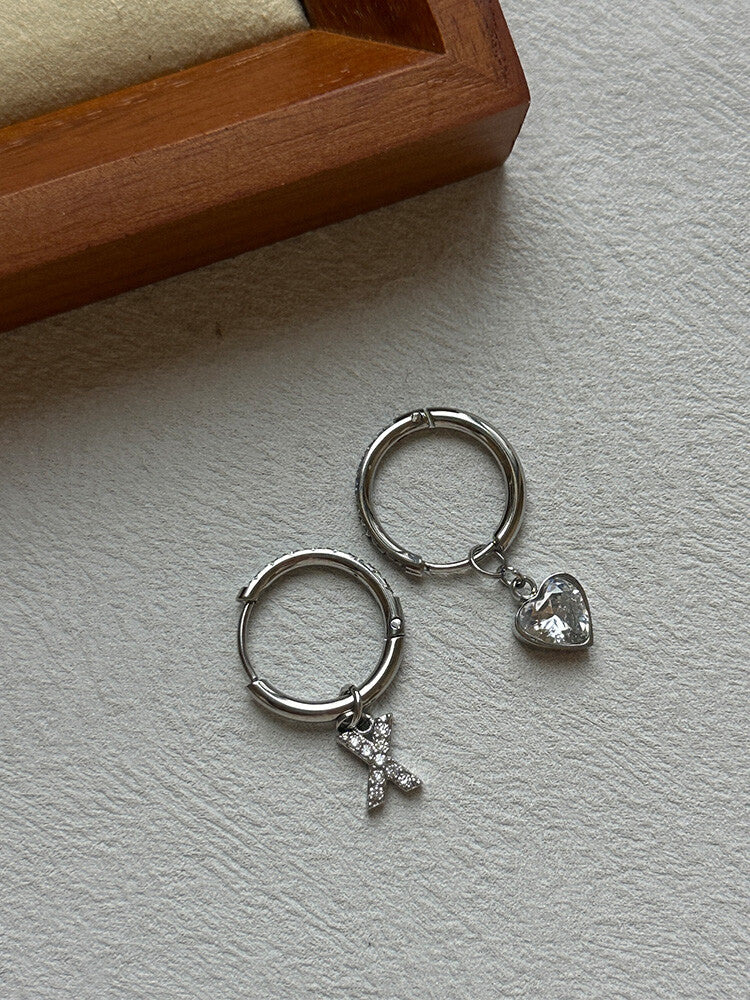 Letter Earrings,Single Heart + Single silver letter [Note letters],Lumivault.