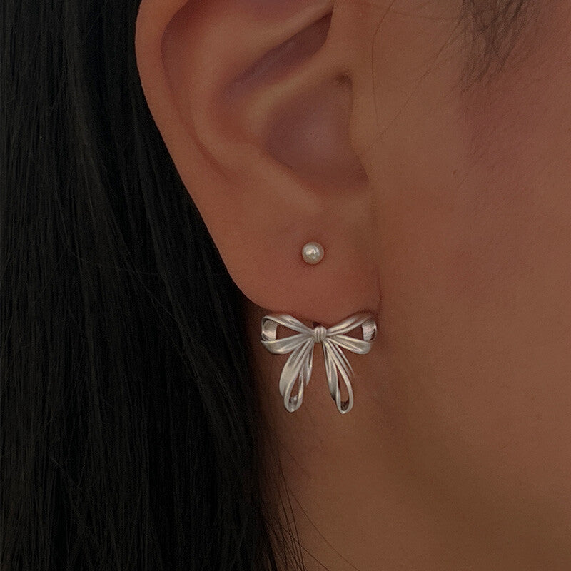 Bow Pearl Silver Stud Earrings,Lumivault.