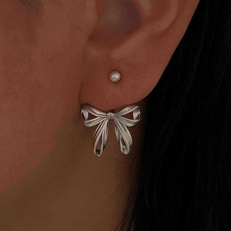 Bow Pearl Silver Stud Earrings,Lumivault.